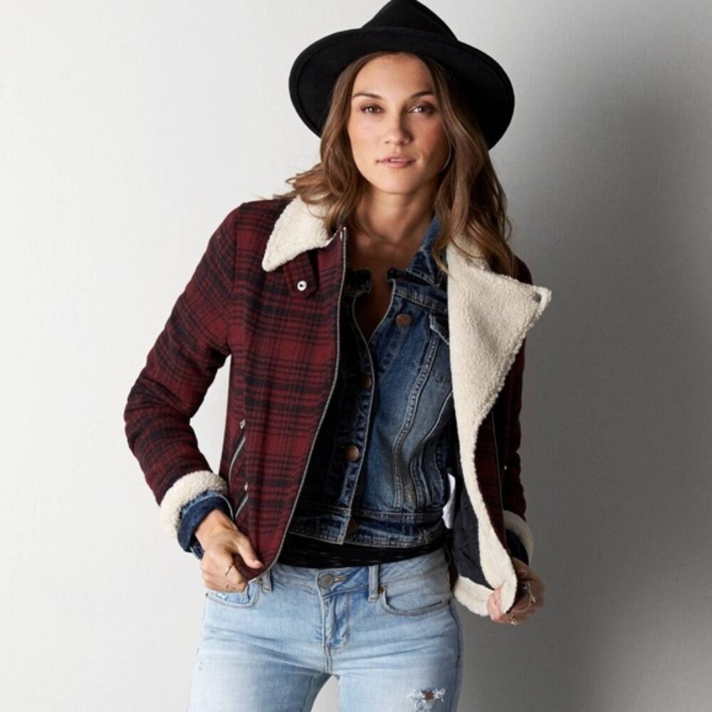 NEW American Eagle Outfitters Sherpa Lined Moto Jacket Red Plaid Small